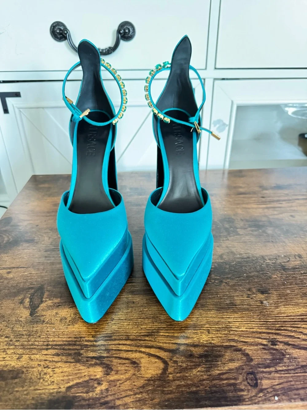 Versace Turquoise Satin Pointed Platform Ankle Strap Pumps